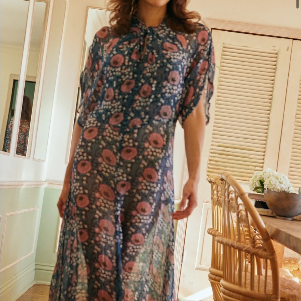 Natalie Martin Navy Floral Tie-Neck Midi Dress with Pink Blooms